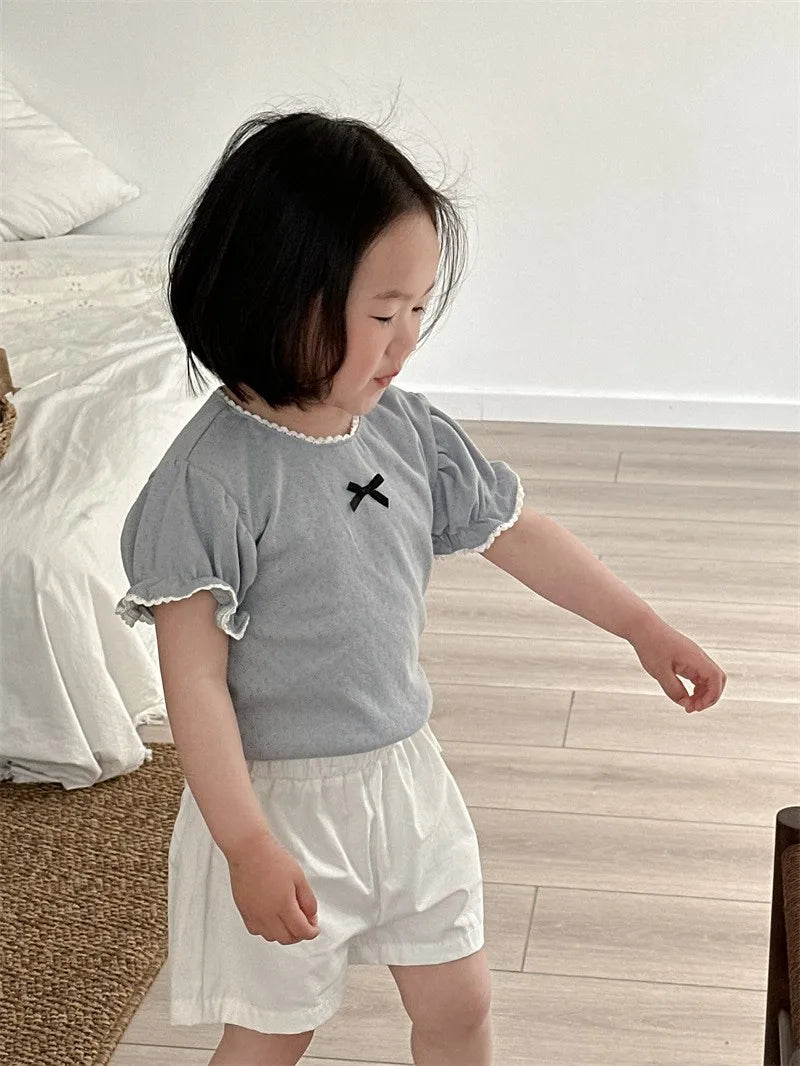 Summer Korean Style Children's Ruffle Hollow Base T-shirt Girls Cotton Sweet Short Sleeve Top Korean Version Kids Clothing