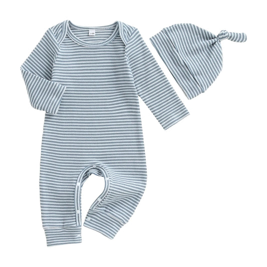 Infant Boy Autumn Striped  with Matching Beanie Set Long Sleeve Round Neck Overall Outfit for Fall