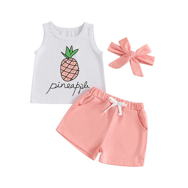Adorable Infant Girl Tropical Print Sleeveless Top Elastic Waist Shorts Matching Headband 3 Piece Outfit Set for Summer