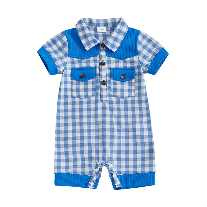Adorable Infant Plaid Romper with Short Sleeves Lapel Collar and Button Front Closure - Perfect for Baby Boys and Girls this