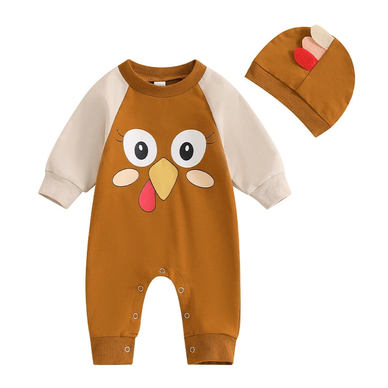 Thanksgiving Baby Boy Girl Outfit Adorable Turkey Print Round Neck Long Sleeve Romper Hat Set for Fall Celebration