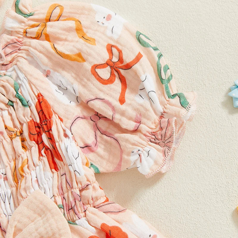 Adorable Toddler Easter Bunny Print Romper Dress Set with Matching Headband and Bow - Short Puff Sleeve Baby Girl Outfit