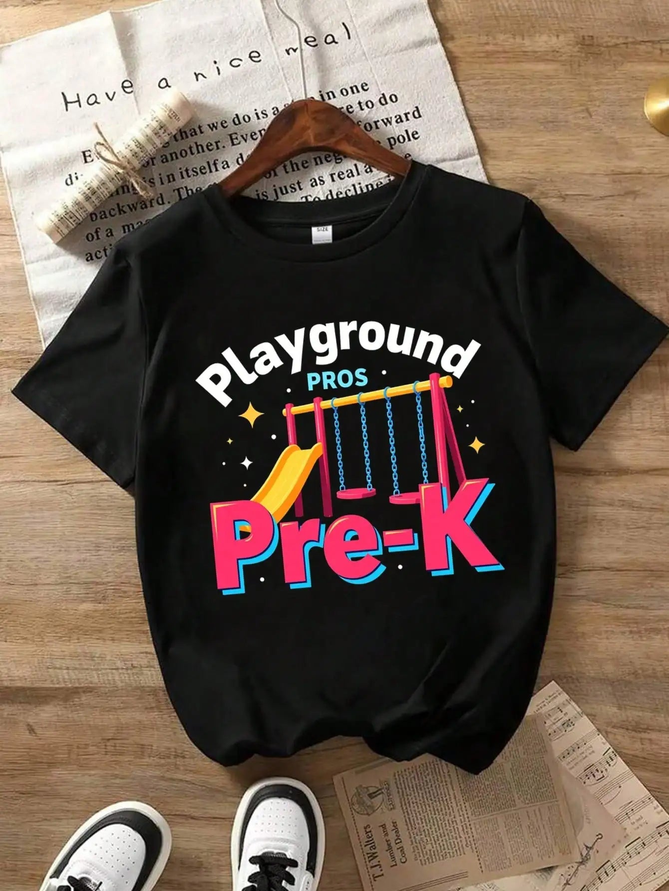 Boys/Girls Playground Back To School Cotton Graphic Tees, Black Casual Summer Tops With Playground Theme