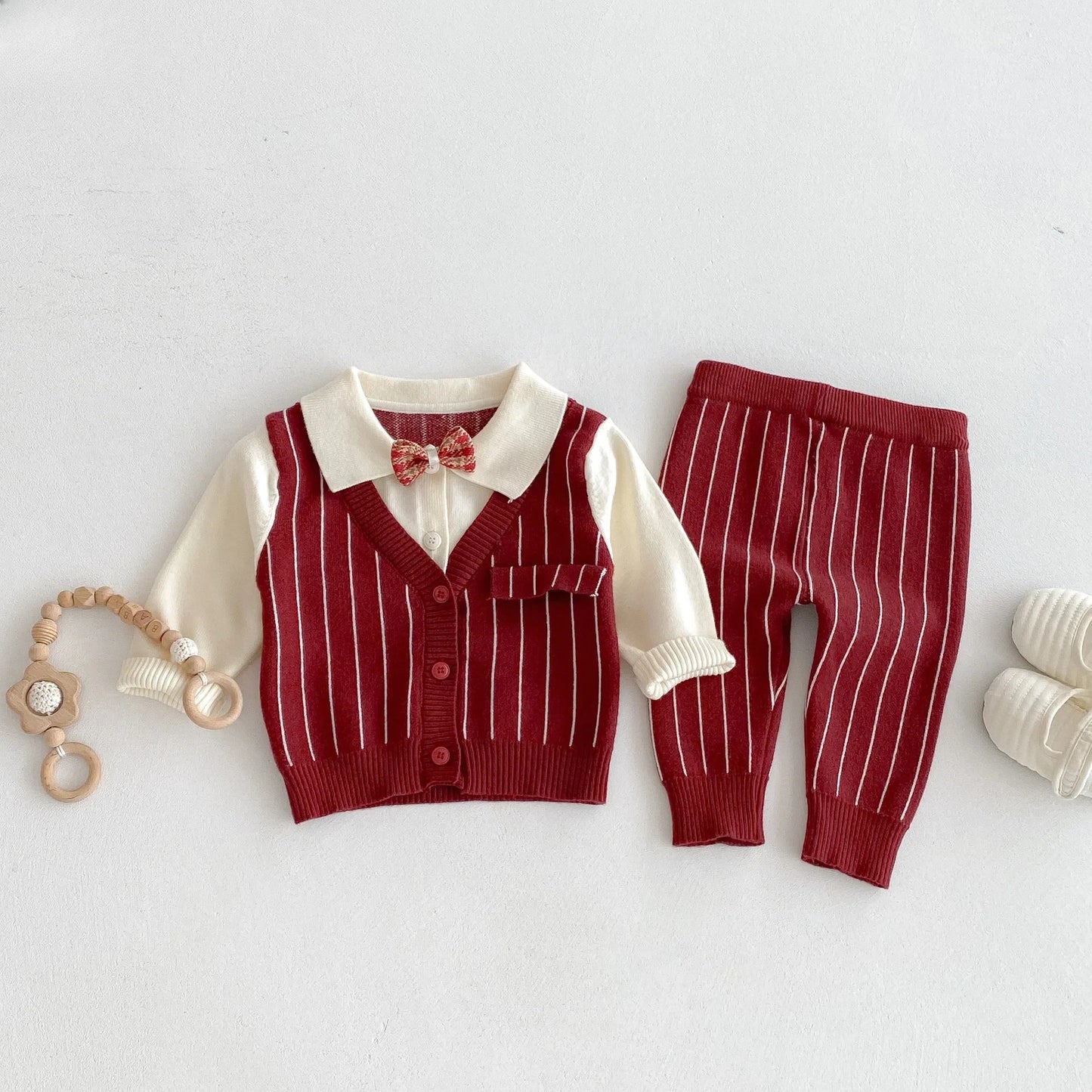 2025 Baby Clothes Toddler Baby Boy Knit Striped 3Pcs Sets 0-2Y Bow Tie Shirt and Pants Gentleman Casual Formal Infant Outfit
