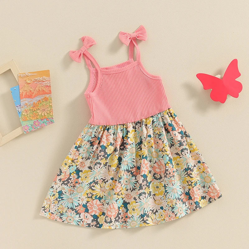 Toddler Girl Sleeveless Floral Print Dress with Bow Detail and A-Line Silhouette Perfect for Casual Summer Outfits