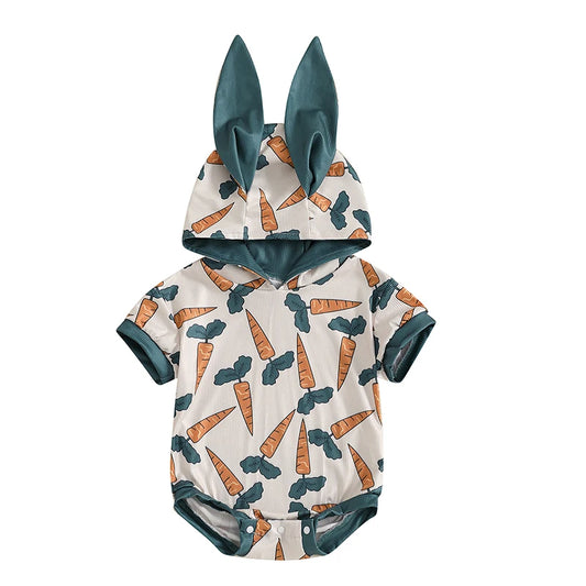 Cute Cartoon Animal Print Short Sleeve Romper with Hooded Ears for Infant Boys and Girls Summer Jumpsuit Easter Outfit