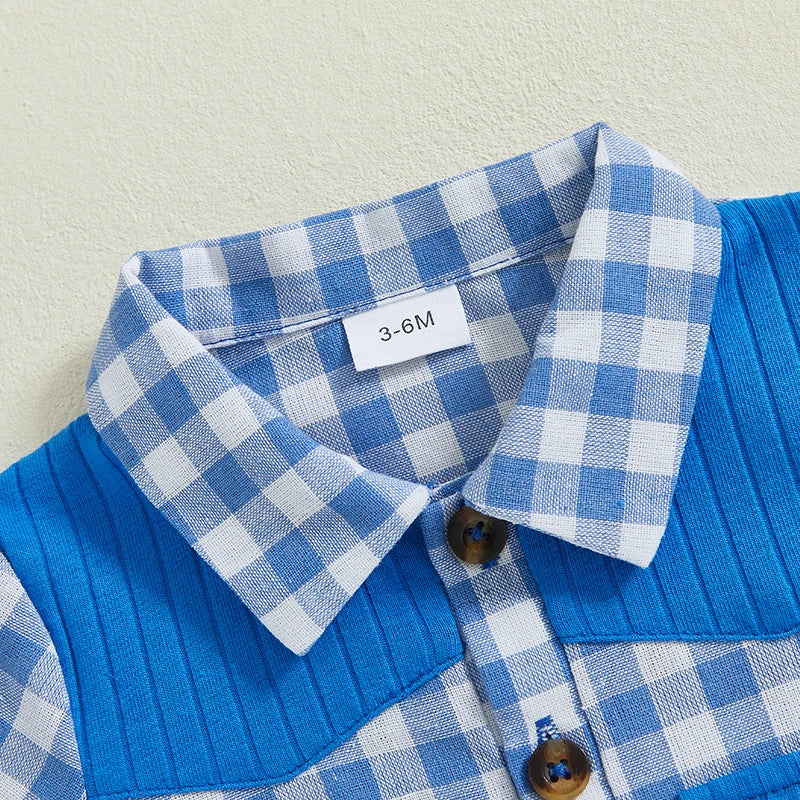 Adorable Infant Plaid Romper with Short Sleeves Lapel Collar and Button Front Closure - Perfect for Baby Boys and Girls this