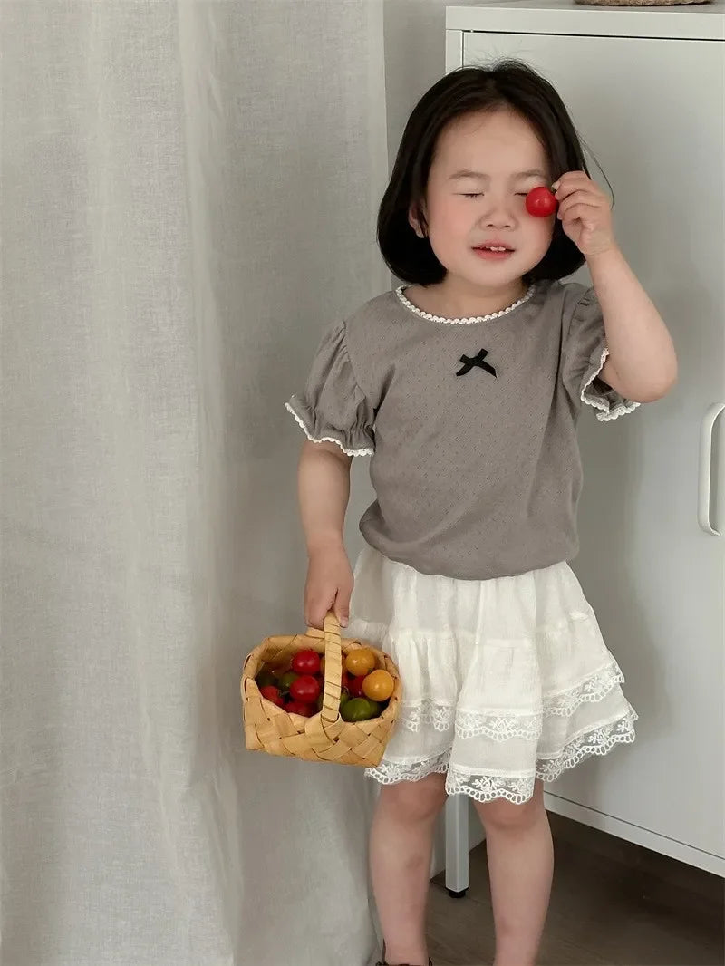 Summer Korean Style Children's Ruffle Hollow Base T-shirt Girls Cotton Sweet Short Sleeve Top Korean Version Kids Clothing