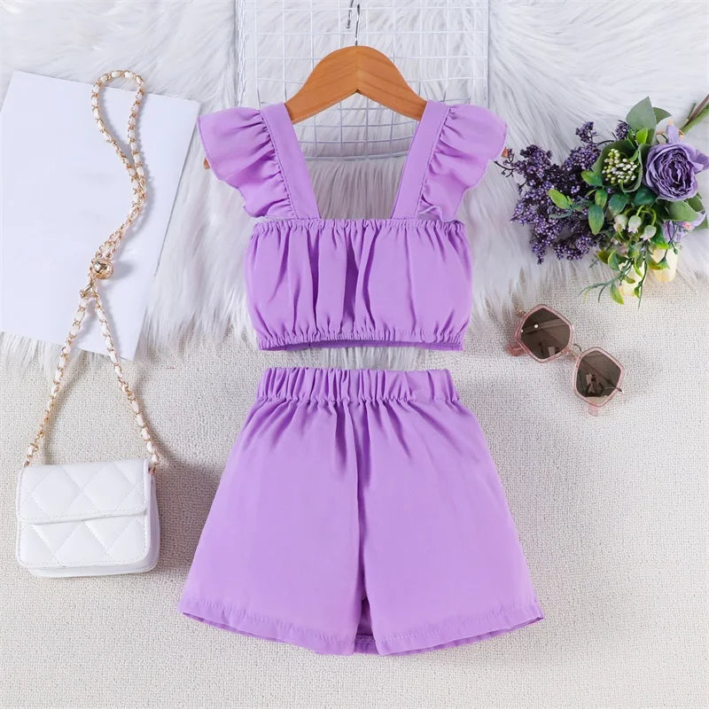 Adorable Baby Girl Summer Ensemble Flutter Sleeve Square Neck Top with 3D Floral Detailing and Matching A-Line Skirt - 2 Piece