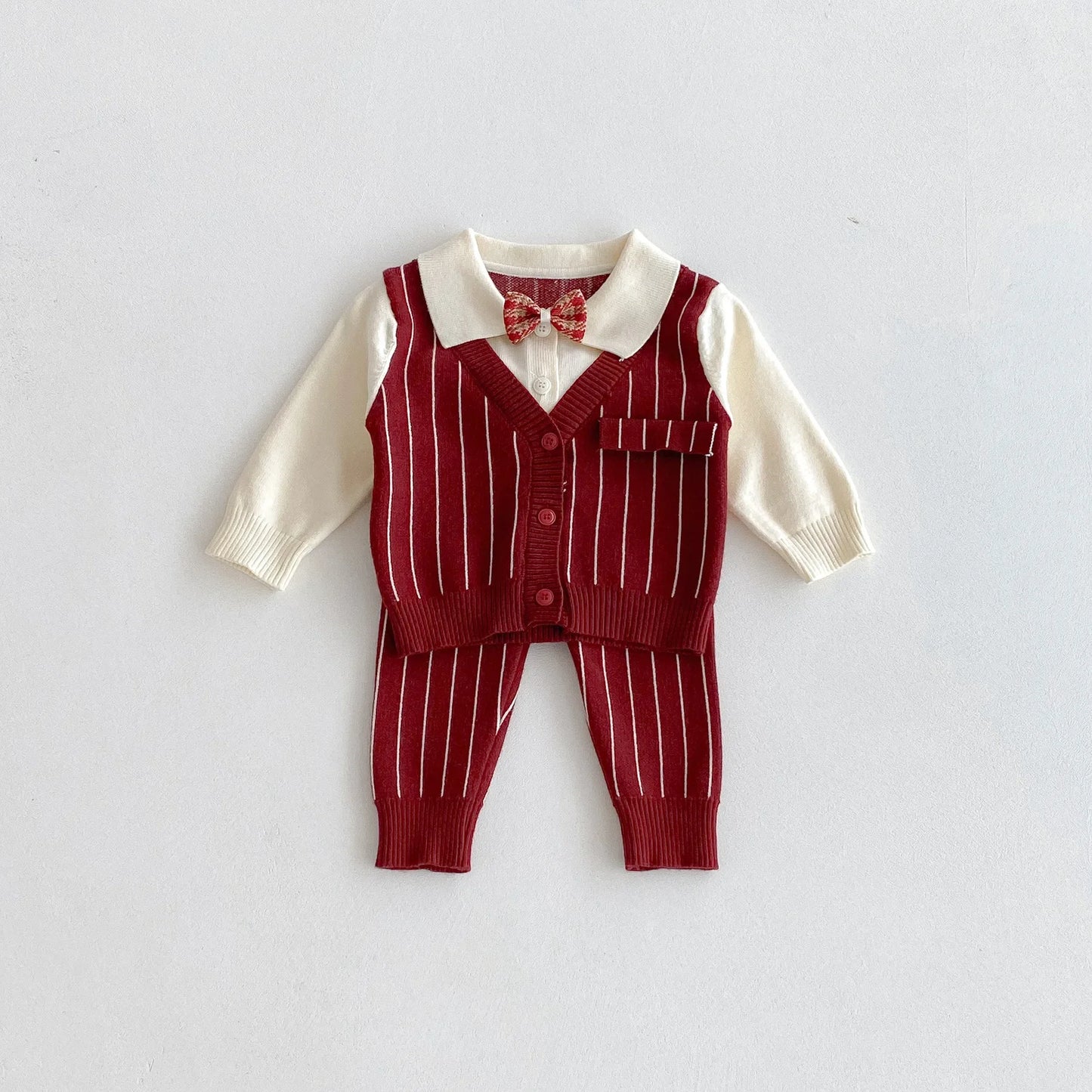 2025 Baby Clothes Toddler Baby Boy Knit Striped 3Pcs Sets 0-2Y Bow Tie Shirt and Pants Gentleman Casual Formal Infant Outfit