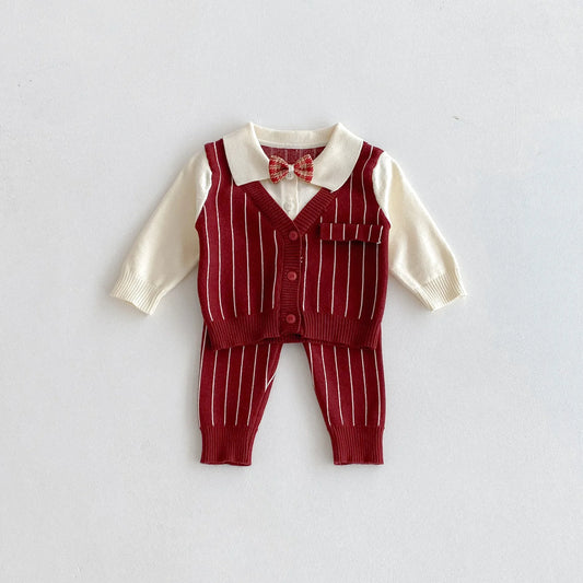 2025 Baby Clothes Toddler Baby Boy Knit Striped 3Pcs Sets 0-2Y Bow Tie Shirt and Pants Gentleman Casual Formal Infant Outfit