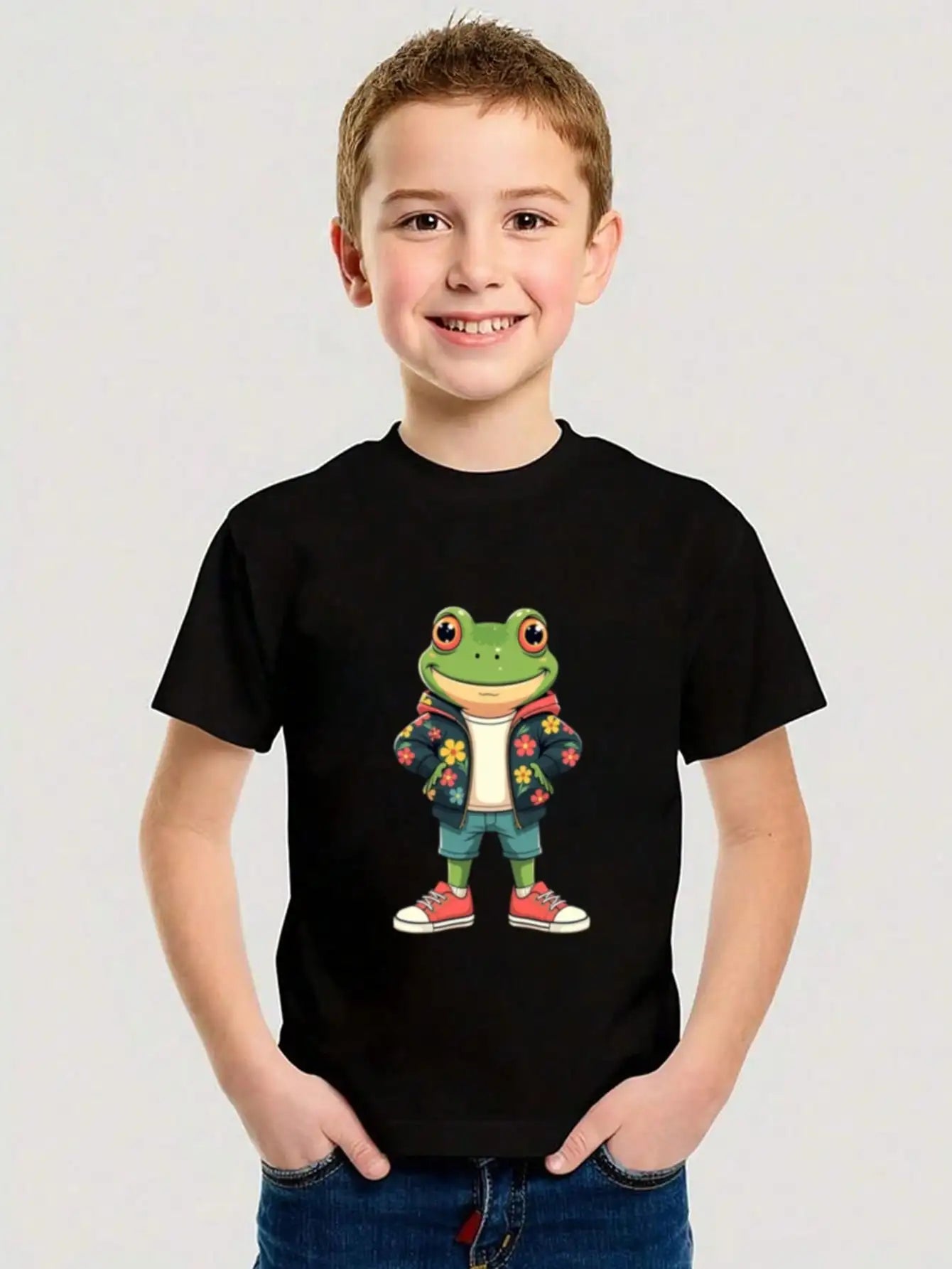 Boys/Girls Summer Hip Frog Cotton Graphic Tees, Black Casual Style Summer Tops With Cool Frog In Stylish Jacket