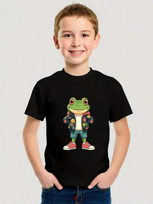 Boys/Girls Summer Hip Frog Cotton Graphic Tees, Black Casual Style Summer Tops With Cool Frog In Stylish Jacket