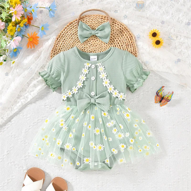 Infant Girls Floral Romper Set with Matching Headband Short Sleeve Mesh Skirt Jumpsuit Summer Outfit for Baby Girl