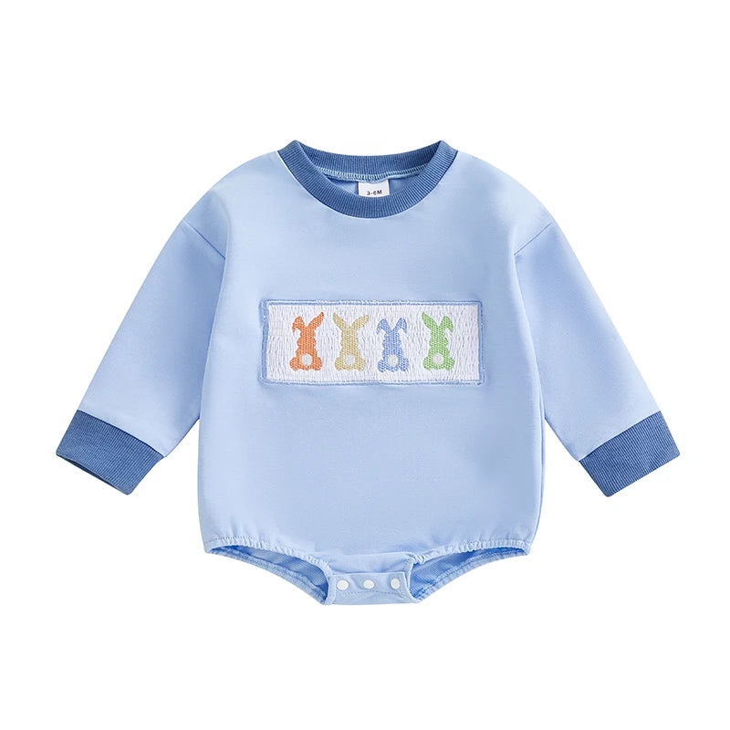 Adorable Unisex Easter Bunny Rompers with Long Sleeves and Embroidered Details - Perfect Spring Outfit for Baby Girls and Boys
