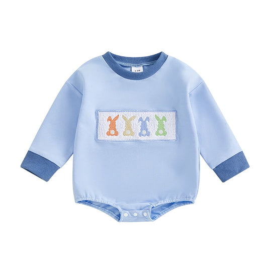 Adorable Unisex Easter Bunny Rompers with Long Sleeves and Embroidered Details - Perfect Spring Outfit for Baby Girls and Boys