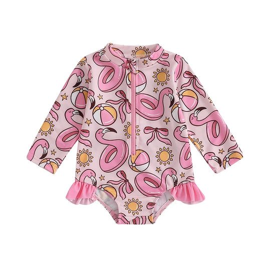 Adorable Baby Girl Floral Print Swimsuit Long Sleeve Zipper Rash Guard Bathing Suit with Ruffle Detail  Swimwear