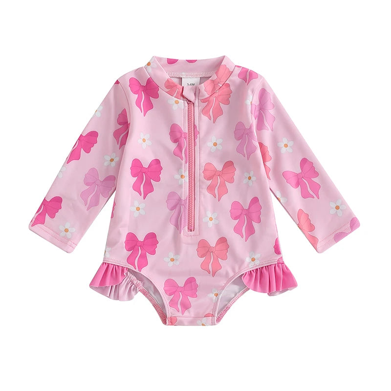 Adorable Baby Girl Floral Print Swimsuit Long Sleeve Zipper Rash Guard Bathing Suit with Ruffle Detail  Swimwear