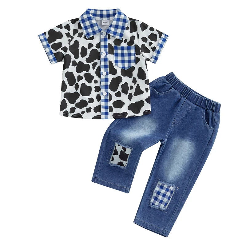 Toddler Boys Casual Outfit Dinosaur Print Short Sleeve T-Shirt and Denim Shorts Set Summer Clothes for Kids