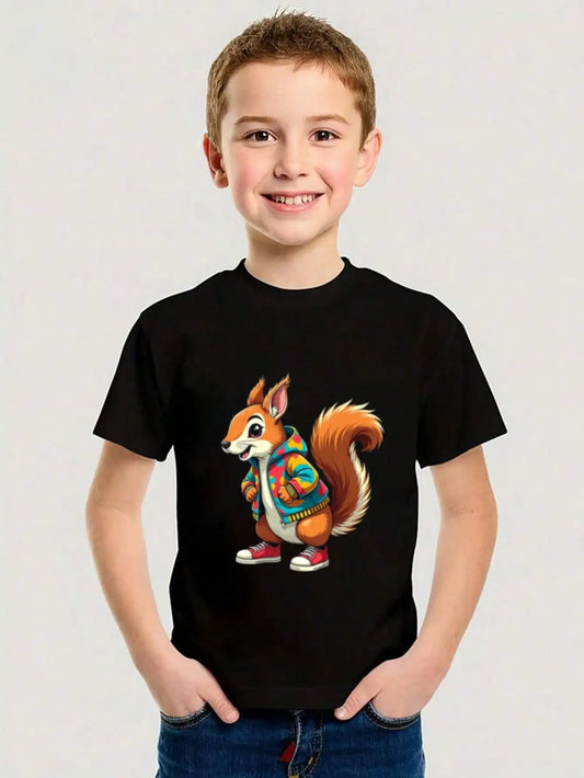Boys/Girls Summer Cartoon Animal Cotton Graphic Tees, Black Casual Style Summer Tops With Squirrel In Cool Outfit