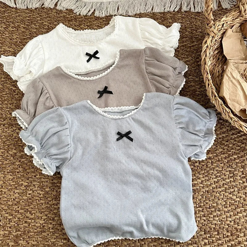 Summer Korean Style Children's Ruffle Hollow Base T-shirt Girls Cotton Sweet Short Sleeve Top Korean Version Kids Clothing