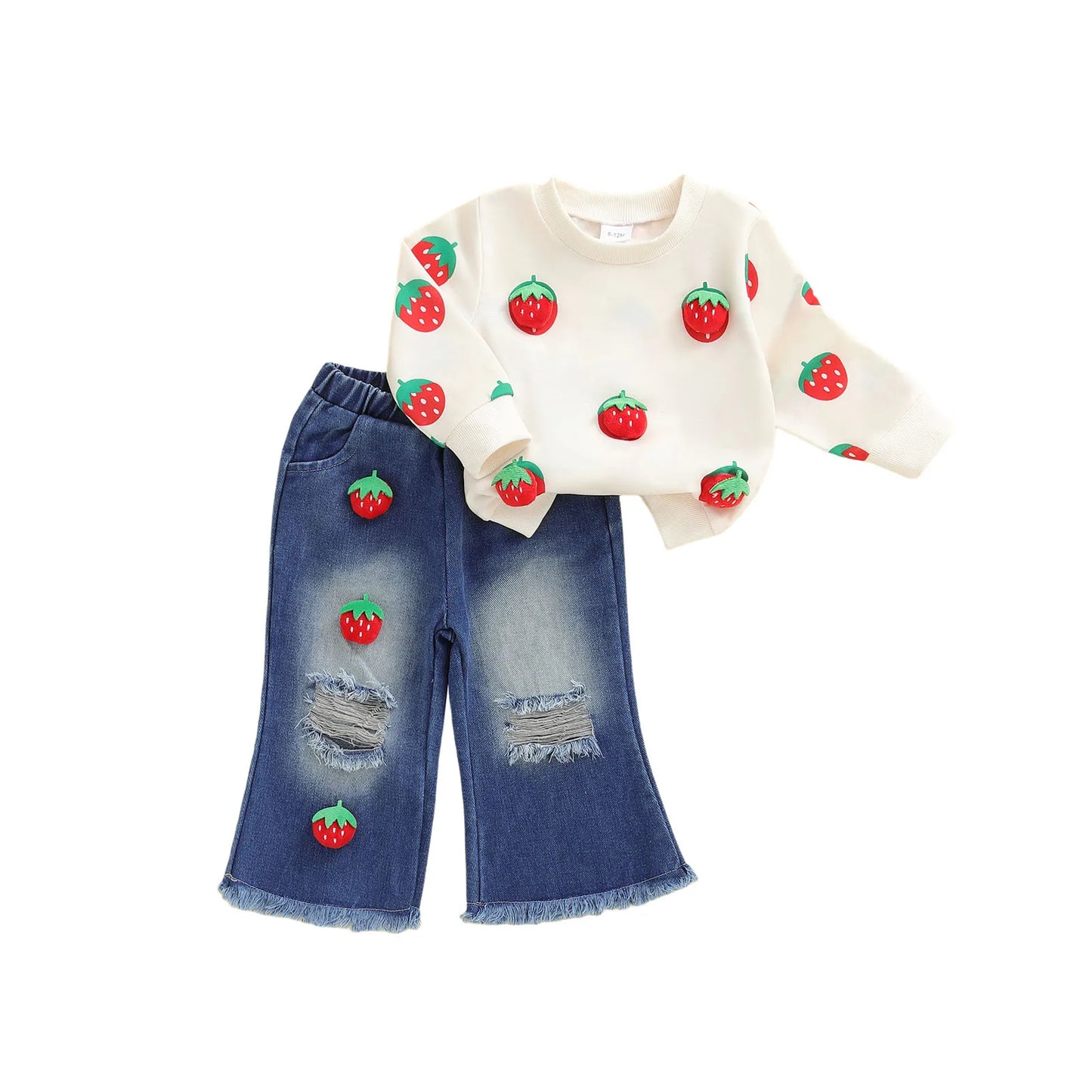 Cute Baby Girl Autumn Clothes 3D Watermelon Print Sweater Distressed Jeans Outfit Set for Toddler Girls