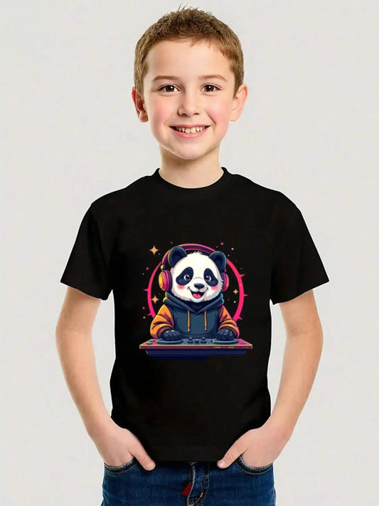 Boys/Girls Summer DJ Panda Cotton Graphic Tees, Black Casual Style Summer Tops With Headphones And Turntable