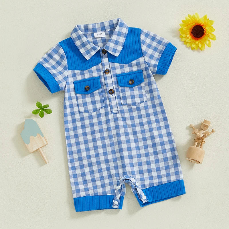 Adorable Infant Plaid Romper with Short Sleeves Lapel Collar and Button Front Closure - Perfect for Baby Boys and Girls this
