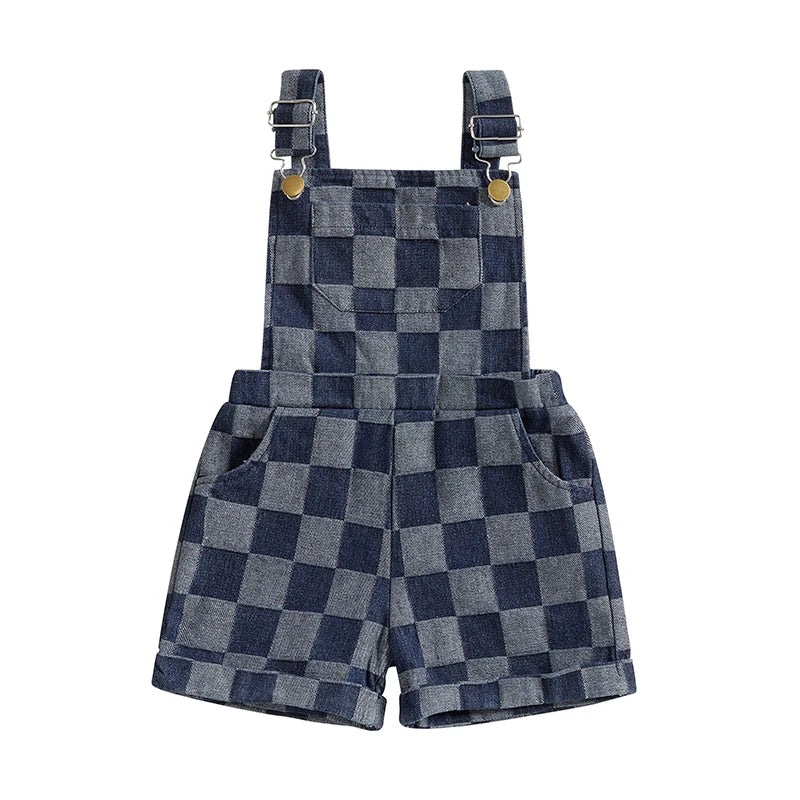 Infant Plaid Print Sleeveless Square Neck Overalls Suspender Shorts Romper for Baby Boys and Girls Toddler