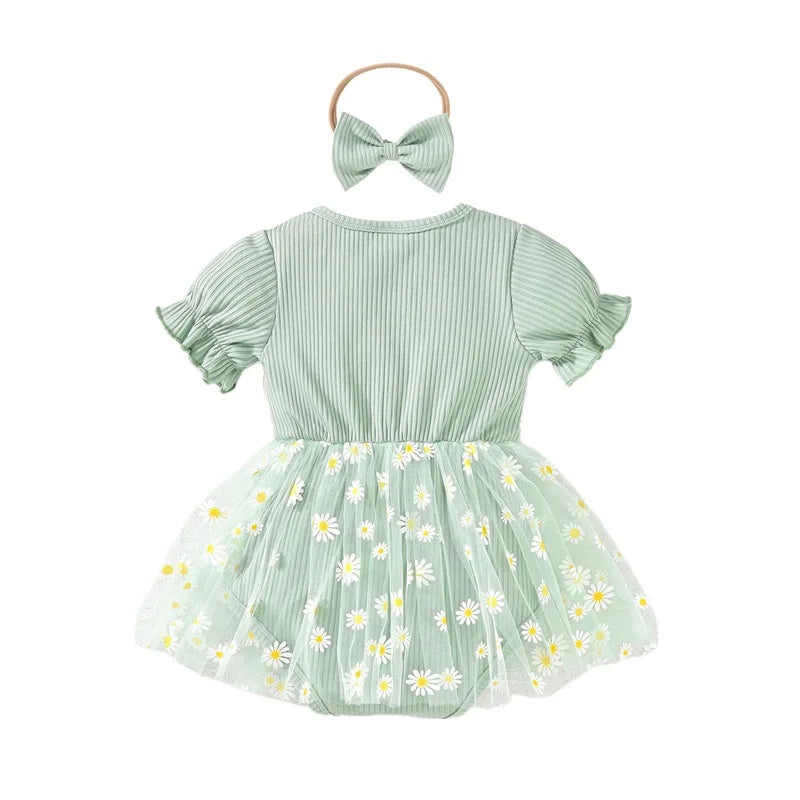 Infant Girls Floral Romper Set with Matching Headband Short Sleeve Mesh Skirt Jumpsuit Summer Outfit for Baby Girl