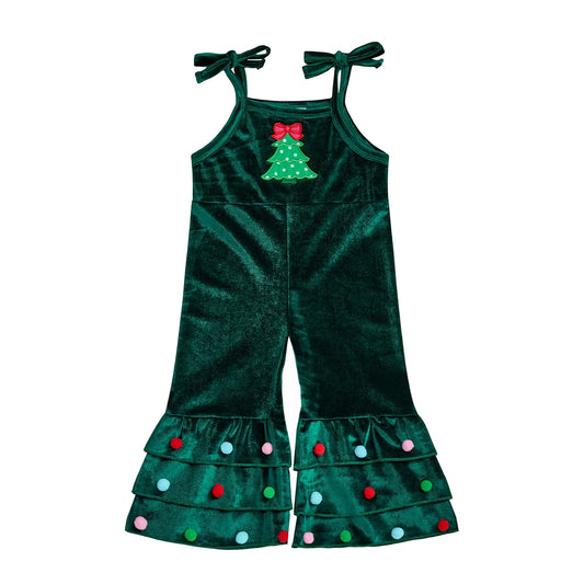 Adorable Girls Velvet Romper with Festive Reindeer Embroidery and Stylish Flared Pants for Christmas Celebrations