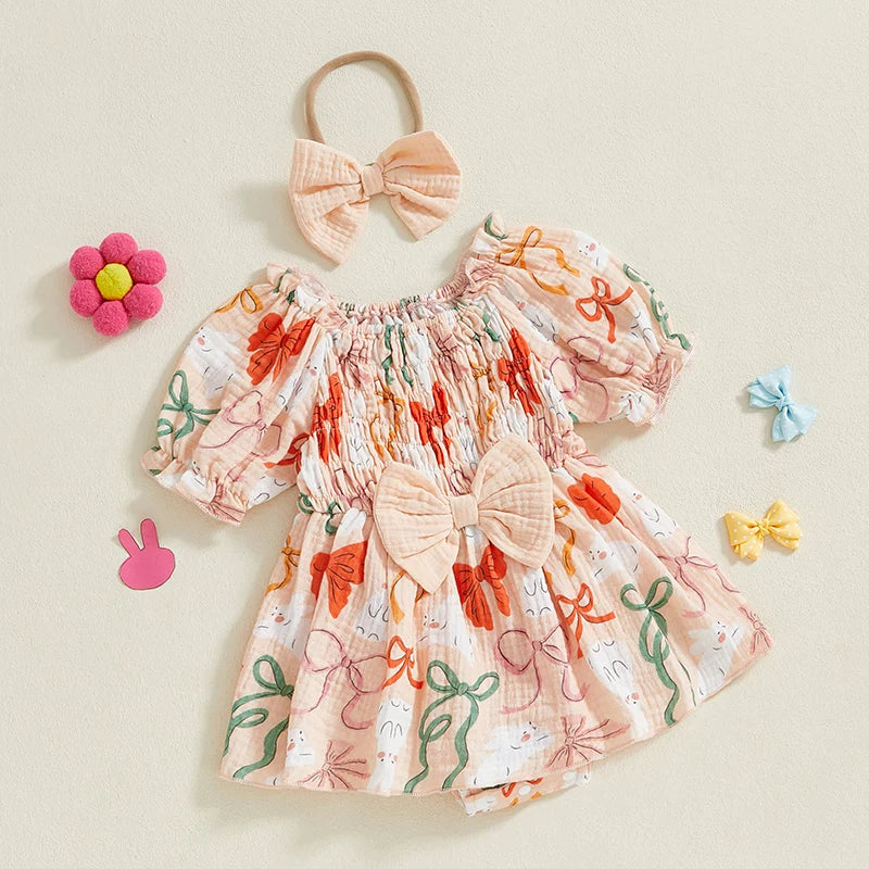 Adorable Toddler Easter Bunny Print Romper Dress Set with Matching Headband and Bow - Short Puff Sleeve Baby Girl Outfit