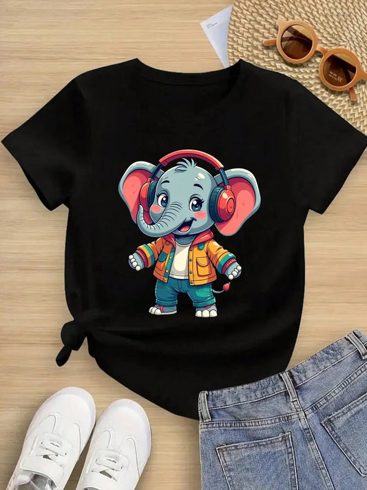 Boys/Girls Summer Elephant Cotton Graphic Tees, Black Casual Style Summer Tops With Cartoon Elephant